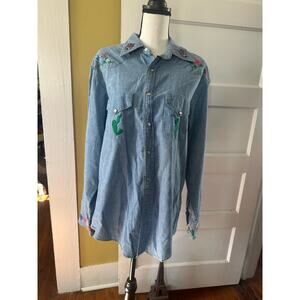 vintage Embroidered Denim Jean Snap Front Shirt Boho Beach Sunrise Ladybug